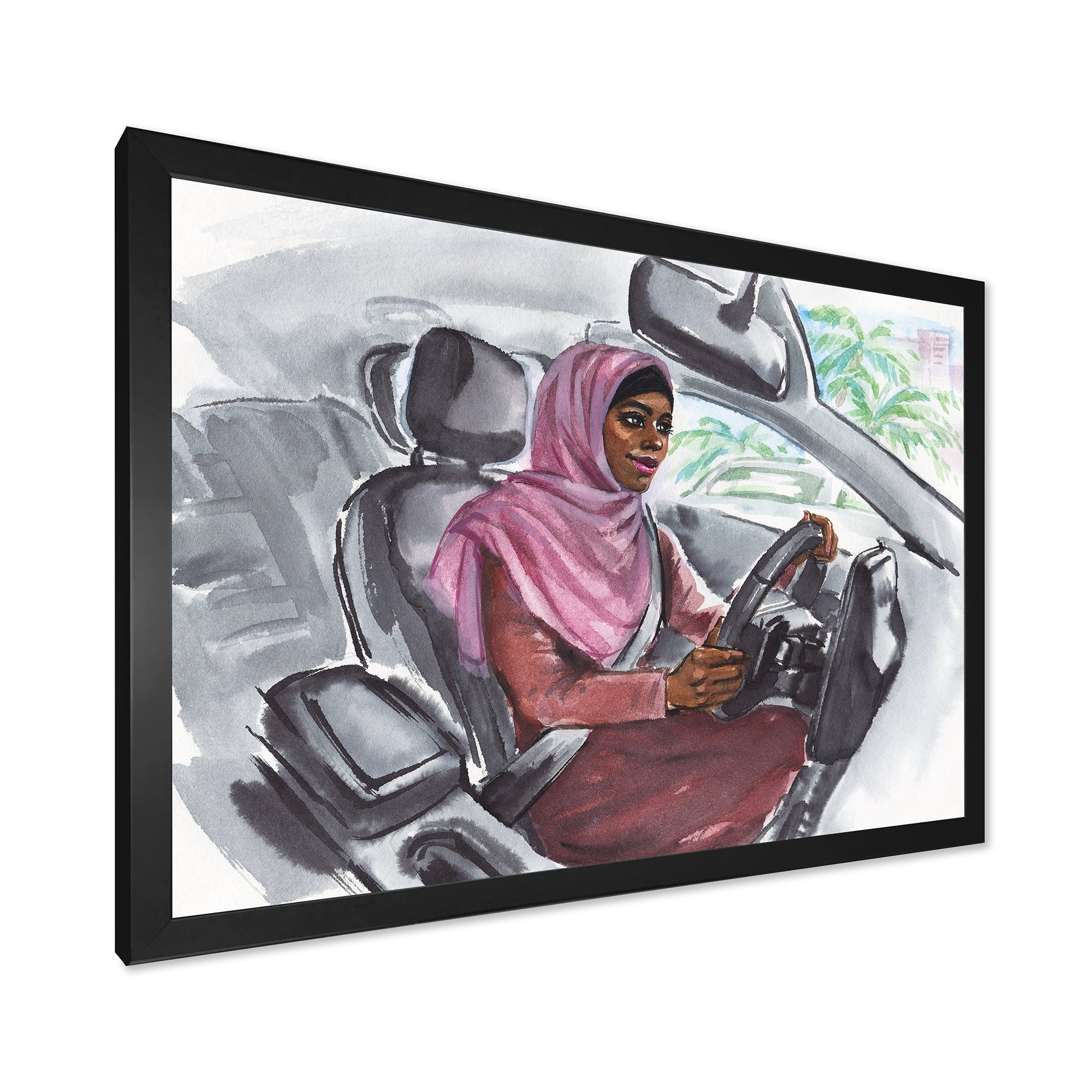Designart 'Arabian Lady Driving A Car III' Modern Framed Art Print