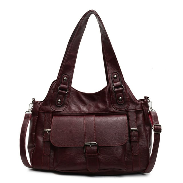 Bolso Mano Mujer Color Sólido PU Bandolera Gran Capacidad Uso Diario (Vino) Rojo