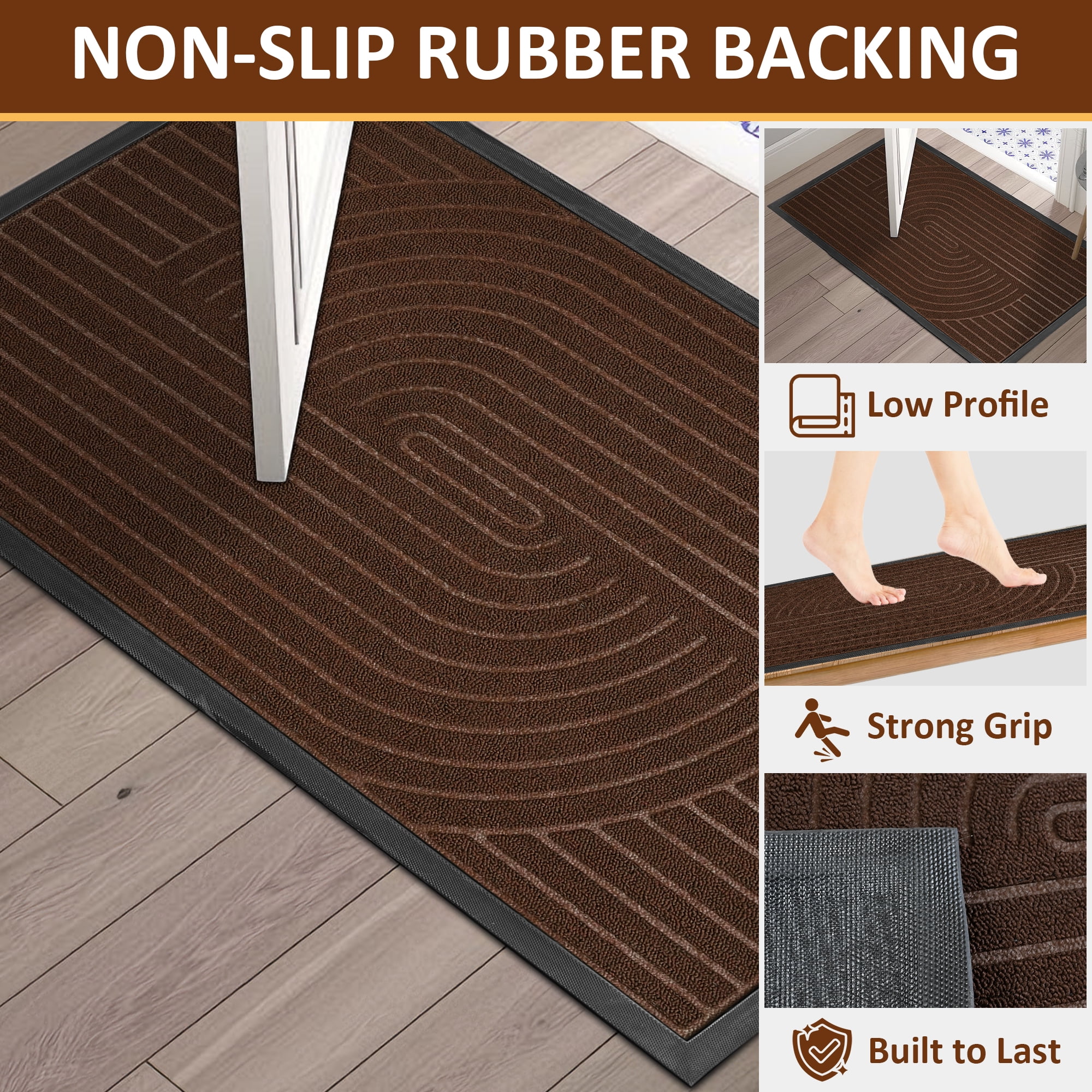Vaparinckl Outdoor Mat, Non Slip 17"x30" Doormat, Front Door Welcome Mat, Absorbent Rubber, Low Profile Dirt Trapper Indoor Rug For Entryway & Outside Entrance, Brown