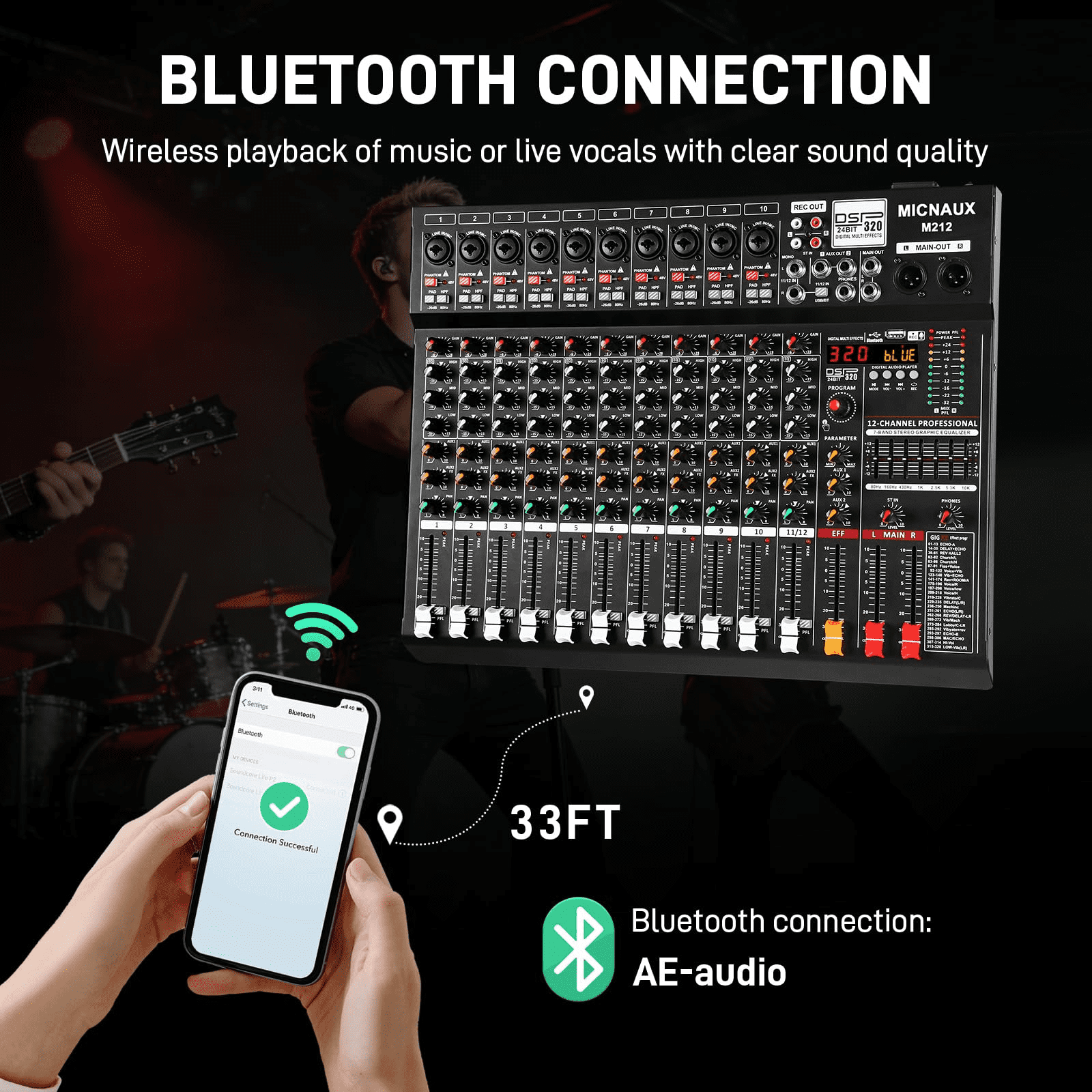 Audio Mixer 12 Channel Professional Sound Console Music Mixer with 320 DSP Effects, 7-band EQ DJ Mixing Board w/USB, Bluetooth, 48V Power Supply, PAD Button for Recording Karaoke PA Drum Live