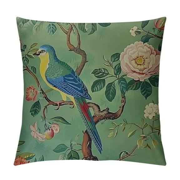 Creowell Green Chinoiserie Pillow Cover Multi Size Vintage Bird Flower Throw Pillow Covers Farmhouse Floral Decorative Pillowcase Outdoor Square Cushion Cover for Couch Sofa Bedroom Decor