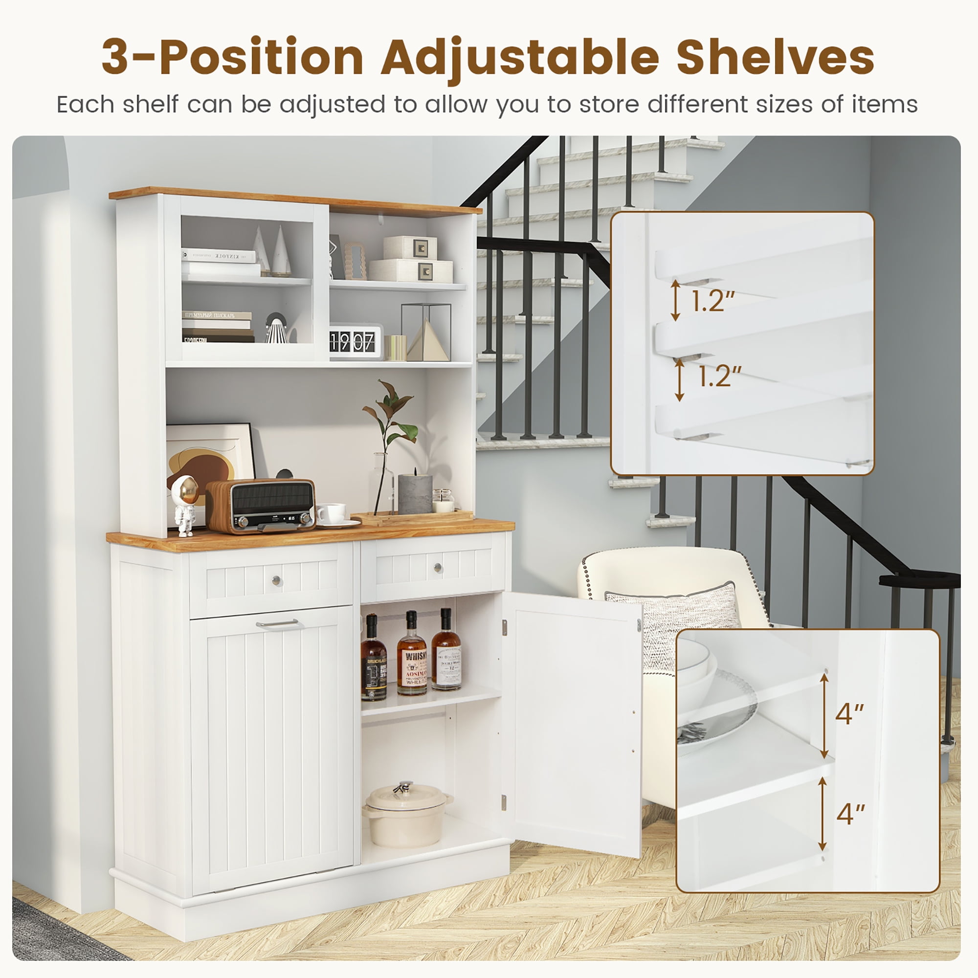 Gymax Double Tilt Out Trash Cabinet w/ Hutch Kitchen Pantry Storage Cabinet White