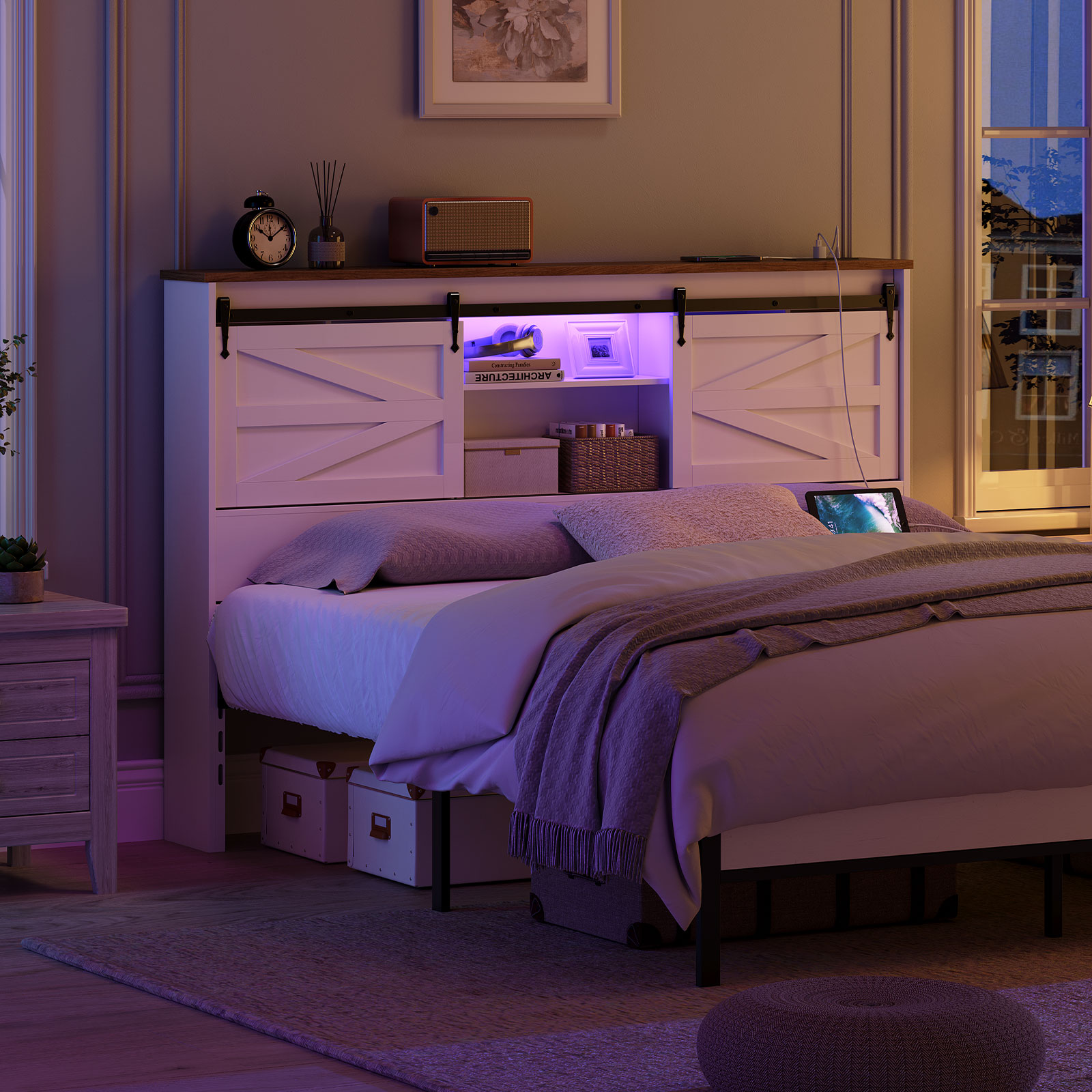 HOOBRO Queen Size Headboard, Headboard with Charging Station and LED Light, 3-Tier Storage Headboard with Outlets and USB Ports, Stylish Headboard, Height Adjustable, White and Walnut WT30UDBH01