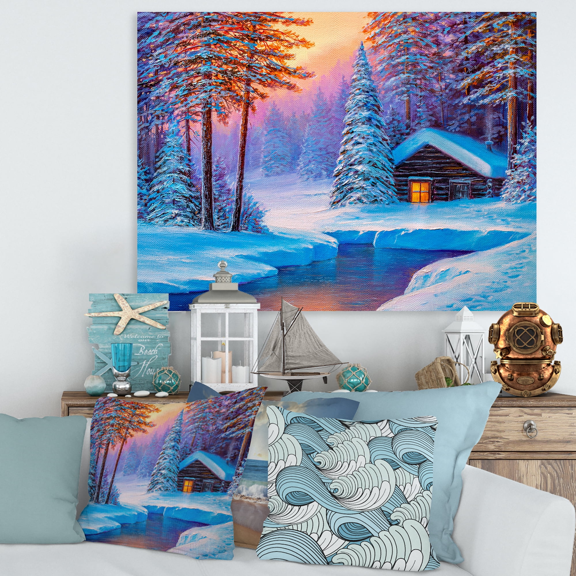 Old Cabin In Winter Forest In Evening Glow I 40 in x 30 in Painting Canvas Art Print, by Designart