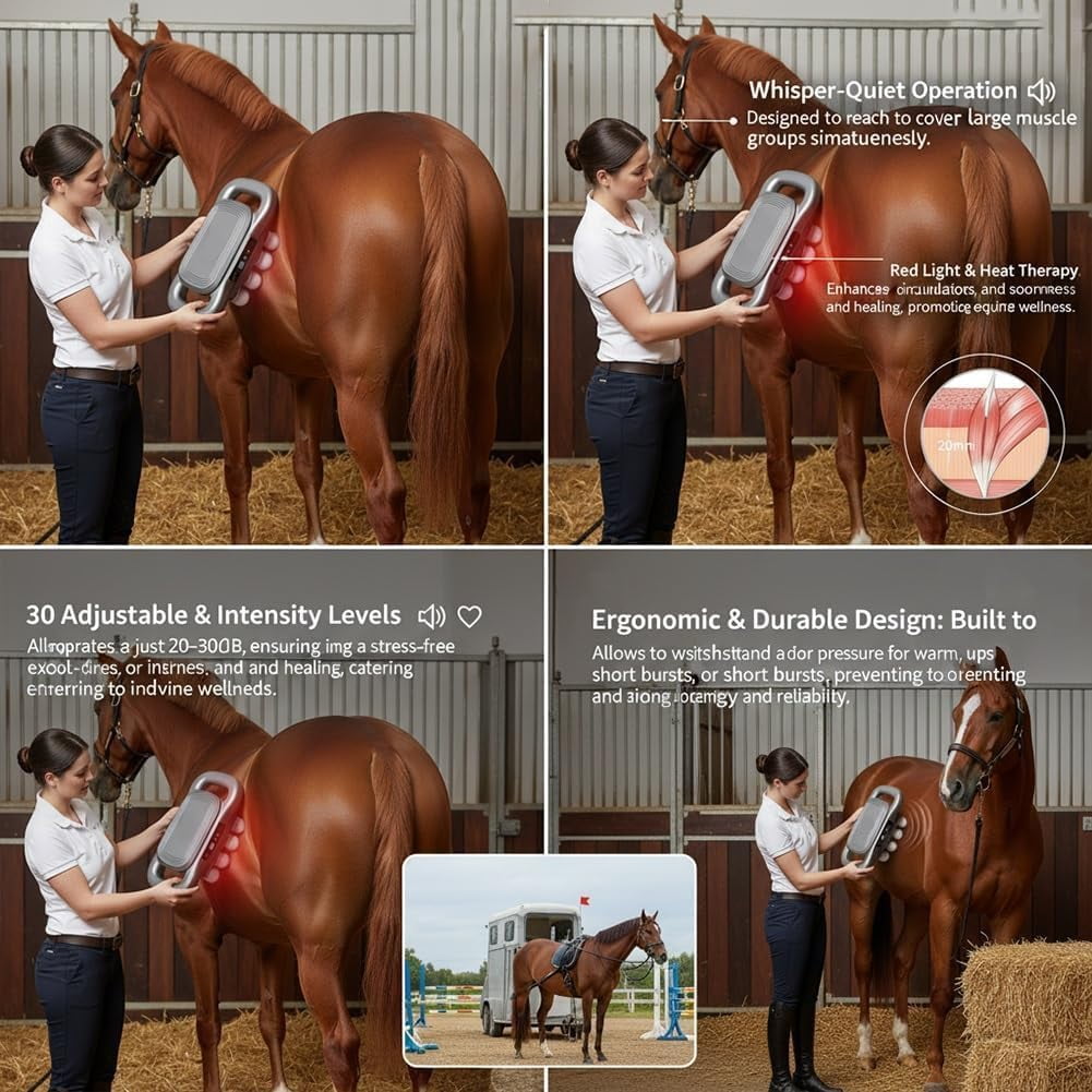 Equirelief 8 Heads Horse Massage Gun, 2025 Upgraded Equine Percussion Massager with 30 Intensity Levels and 3 Modes, Ultra-Quiet Deep-Kneading Massager for Equine Wellness(8 Heads)