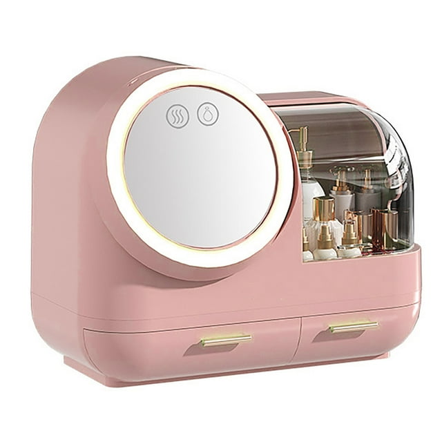 Estuche de maquillaje con espejo y ventilador, gran capacidad, con luz LED, color rosa