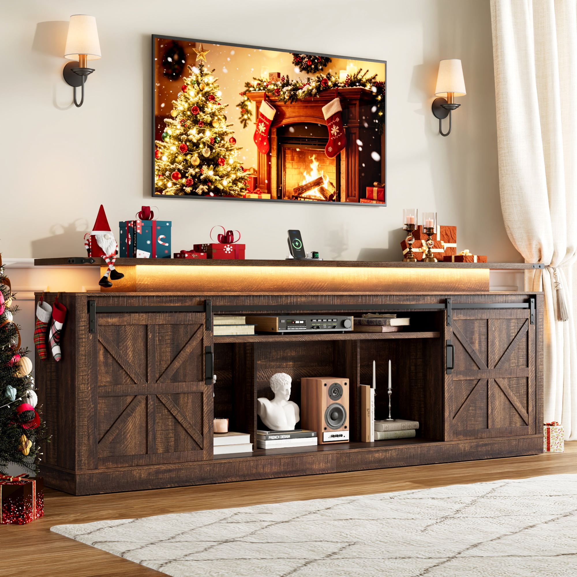 Aphthongs Farmhouse TV Stand with Sliding Barn Doors for 80/85/90 Inch TV,33" Tall Rustic Entertainment Center with LED Lights,Power Outlet,Open Shelves for Living Room