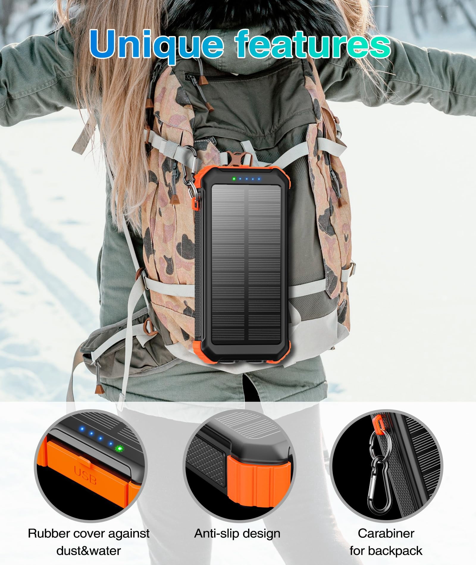 45800mAh Solar Power Bank, Portable Charger with USB-C Input/Output, 5V/3.1A QC 3.0 Fast Charging, Compatible with iPhone, Samsung, Google, and More