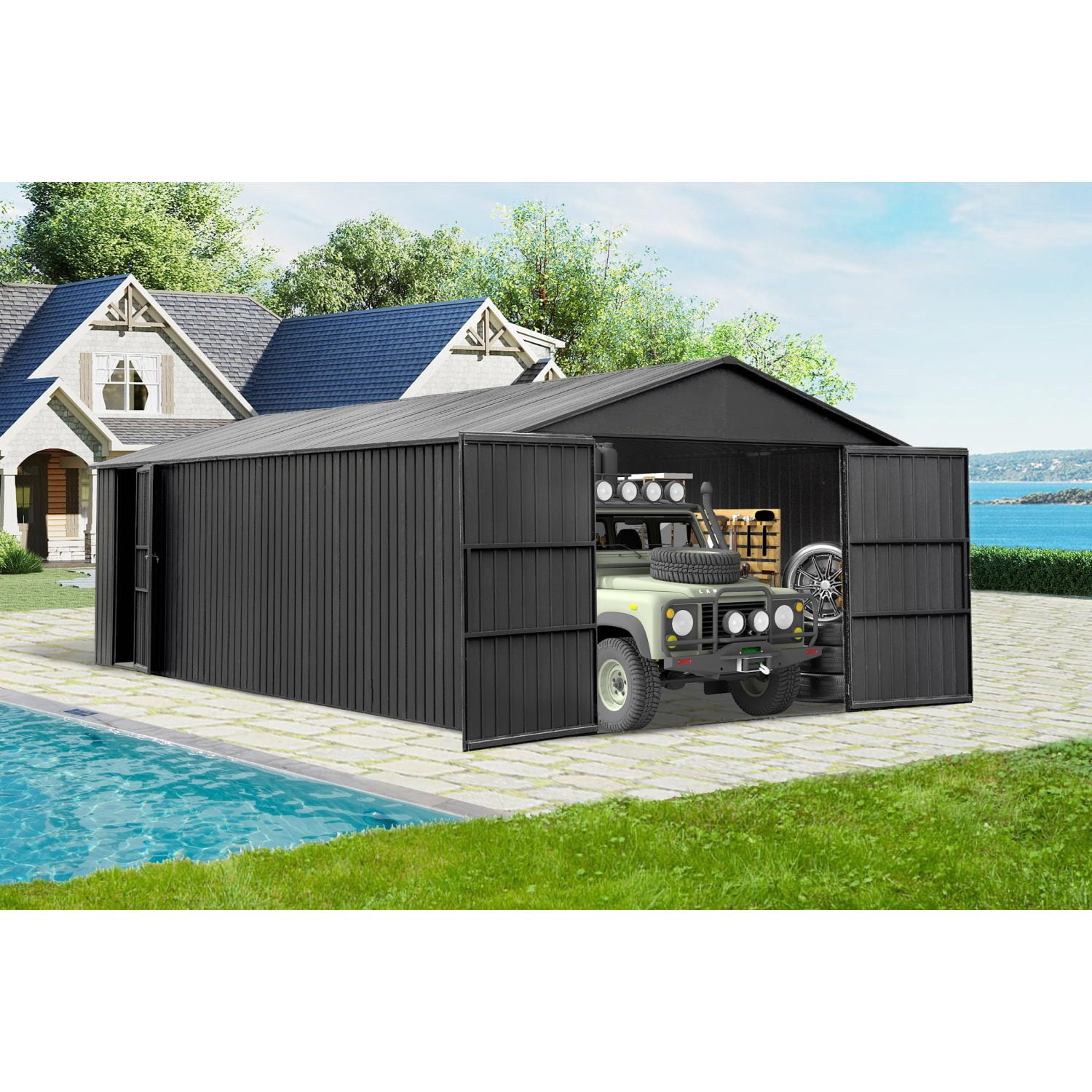 Miekor Furniture 12x25FT Outdoor Metal Garage Shed, Extra Large Metal Carport with Lockable Double Hinged Doors, Heavy Duty Car Shelter for Car, Truck, Motorcycle and Lawn Equipment, Dark Grey MK9689