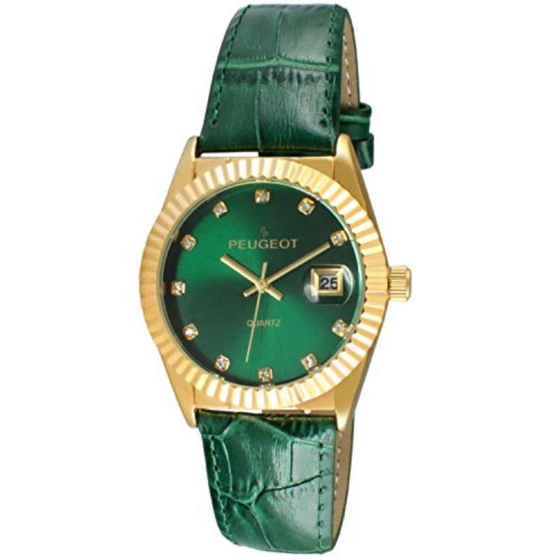 Women's 14K Gold Plated Coin Edge Bezel Green Leather Band Dress Watch