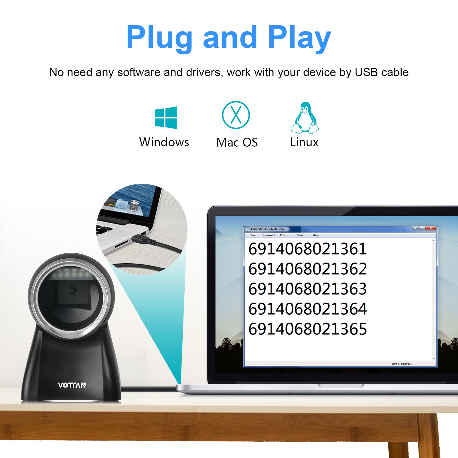 2D Barcode Scanner, Automatic Omnidirectional Desktop USB Scanner - 1D/2D QR Code Reader for Supermarket, Warehouse, Mobile Payment, Plug & Play with 6ft Cable - Sumicor VT7510S-USB