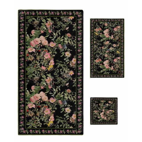 Black Spring Floral Towel Set of 3, Soft Microfiber Bath Towels, Hand Towel, Washcloths, Elegant Pastoral Flowers Birds Retro Art Quick-Dry Absorbent Towels for Bathroom Kitchen Hotel Beach Gym Spa