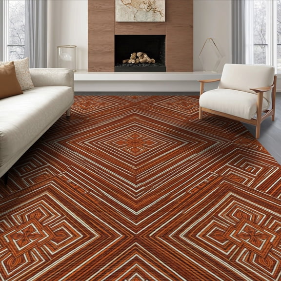 ODIKA 8'x10' Washable Area Rug Boho Fall Halloween Terracotta Vintage Bathroom Orange Burnt Refined Structured for King Size Bedroom Under Bed, Master Suite, Non-Shedding, Easy Care