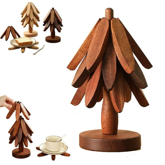 Natural Wood Tree Trivet Set, Christmas Tree Trivet Set, 4 Wooden Trivets & 1 Stand Like a Christmas Tree, for Hot Dish, Pot, Bowl, Teapot, Hot Pot Set (Dark Brown, 3pcs)
