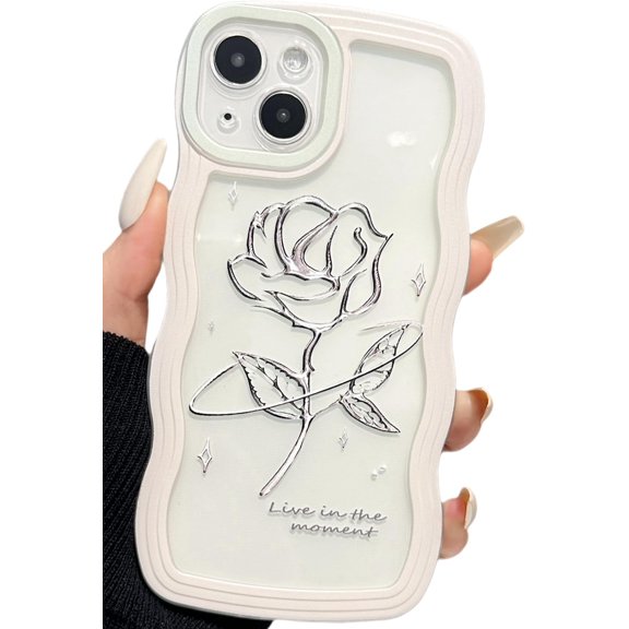 Compatible with iPhone 15 Plus Case Clear with Floral Design for Women Girls,Aesthetic Cute Wavy Flowers Soft Shockproof Cell Phone Cover for iPhone 15 Plus 6.7 Inch (Rose/White)