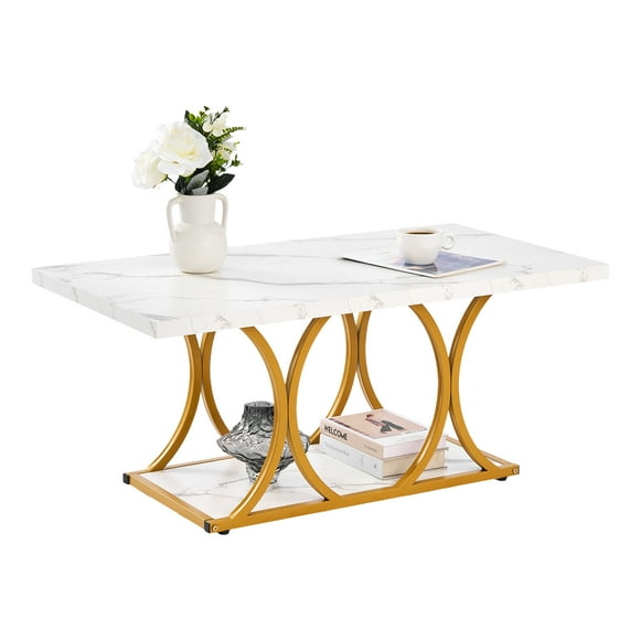 VEVOR Coffee Table, Modern Faux Marble Coffee Table, 2-Tier Rectangle Center Desk with Geometric Legs, Minimalist Sturdy Metal Frame Accent End Desk for Living Room, Office, Easy Assembly, White