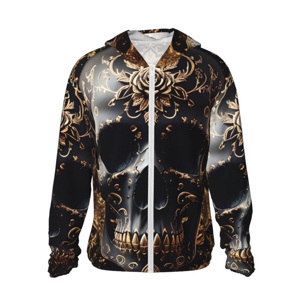 Fotbe Gold Pattern Black Skull Chaqueta con Protección Solar UPF 50+ para Hombre y Mujer, Camisa con Capucha y Bolsillos-Large