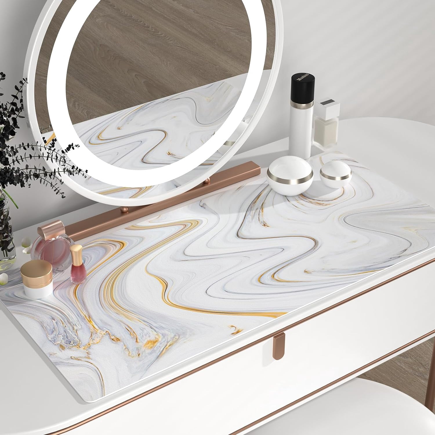 White Mouse Pad, Cute Marble Large Desk Mat, PU Leather Desk Protector Mousepad, Gold Grey Striped Waterproof Computer Keyboard Gaming Mouse Pads, Non Slip Extended Writing Pad 31.5" x 15.7"