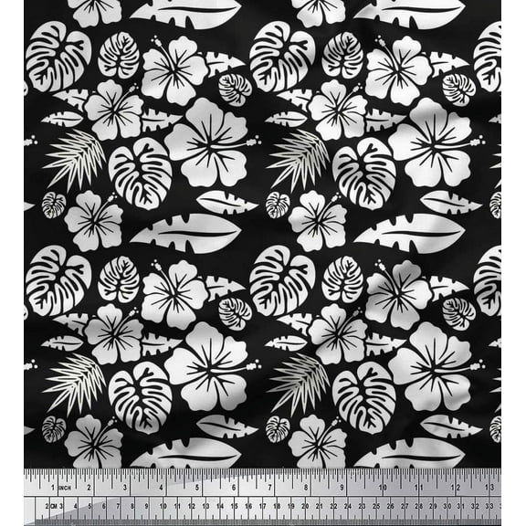 Soimoi Black Cotton Duck Fabric Monstera Leaf & Floral Print Sewing Fabric Yard 42 Inch Wide