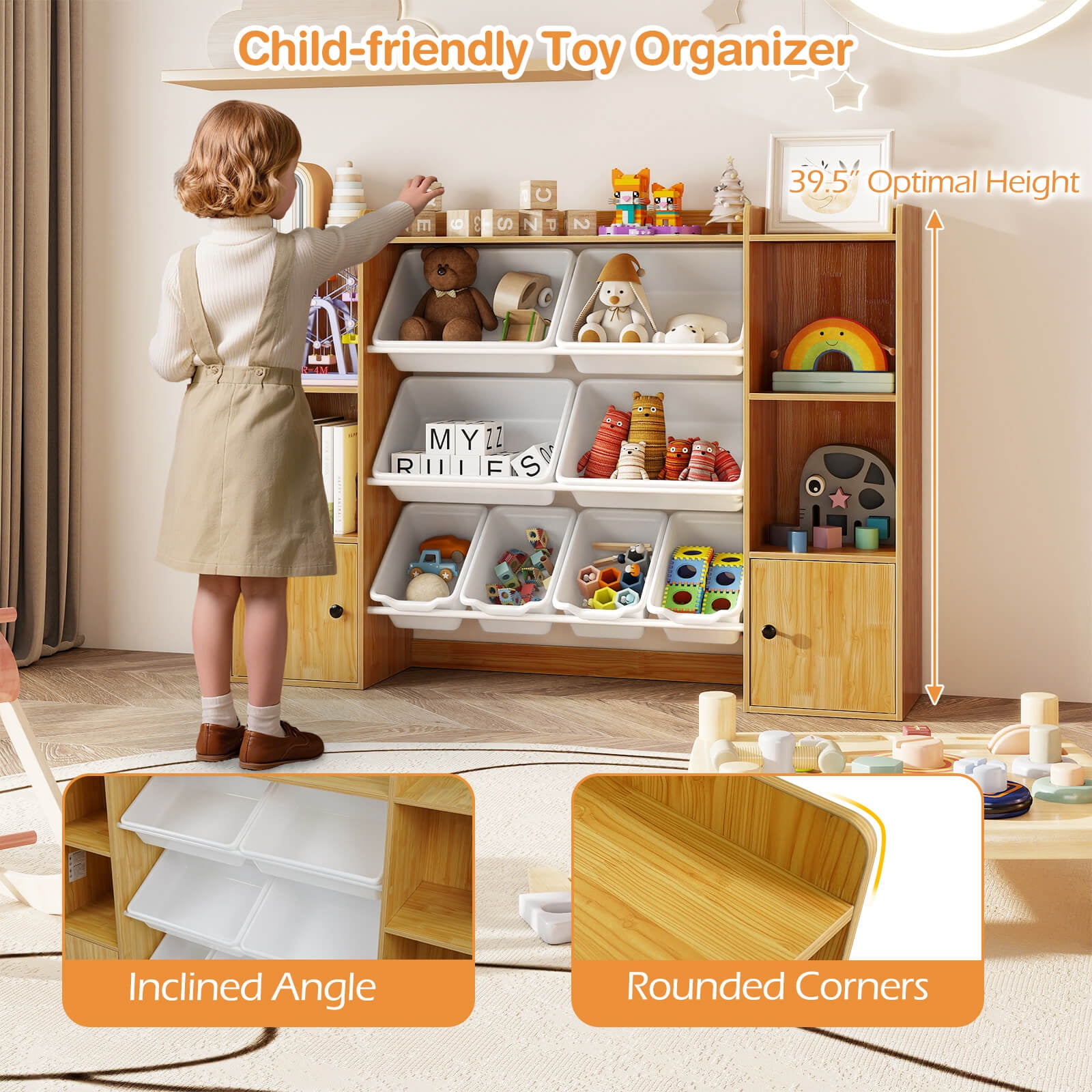 Costway Kids Toy Storage and Bookshelf with 8 Boxes Open Shelves & 2 Single-door Cabinets Beige