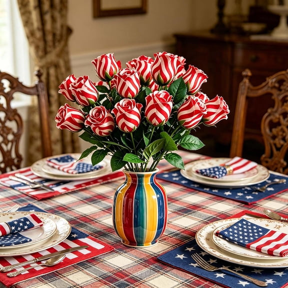 Fmbmuo Artificial Flowers Independence Day Party Decor Red White Blue Picks Patriotic Rose Blooms Holiday Florals Artificial Bushes