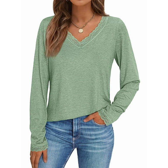 V Neck T Shirts for Women Lace Long Sleeve Tops Loose Fit Dressy Casual Blouses Fall Winter Basic Trendy Green L