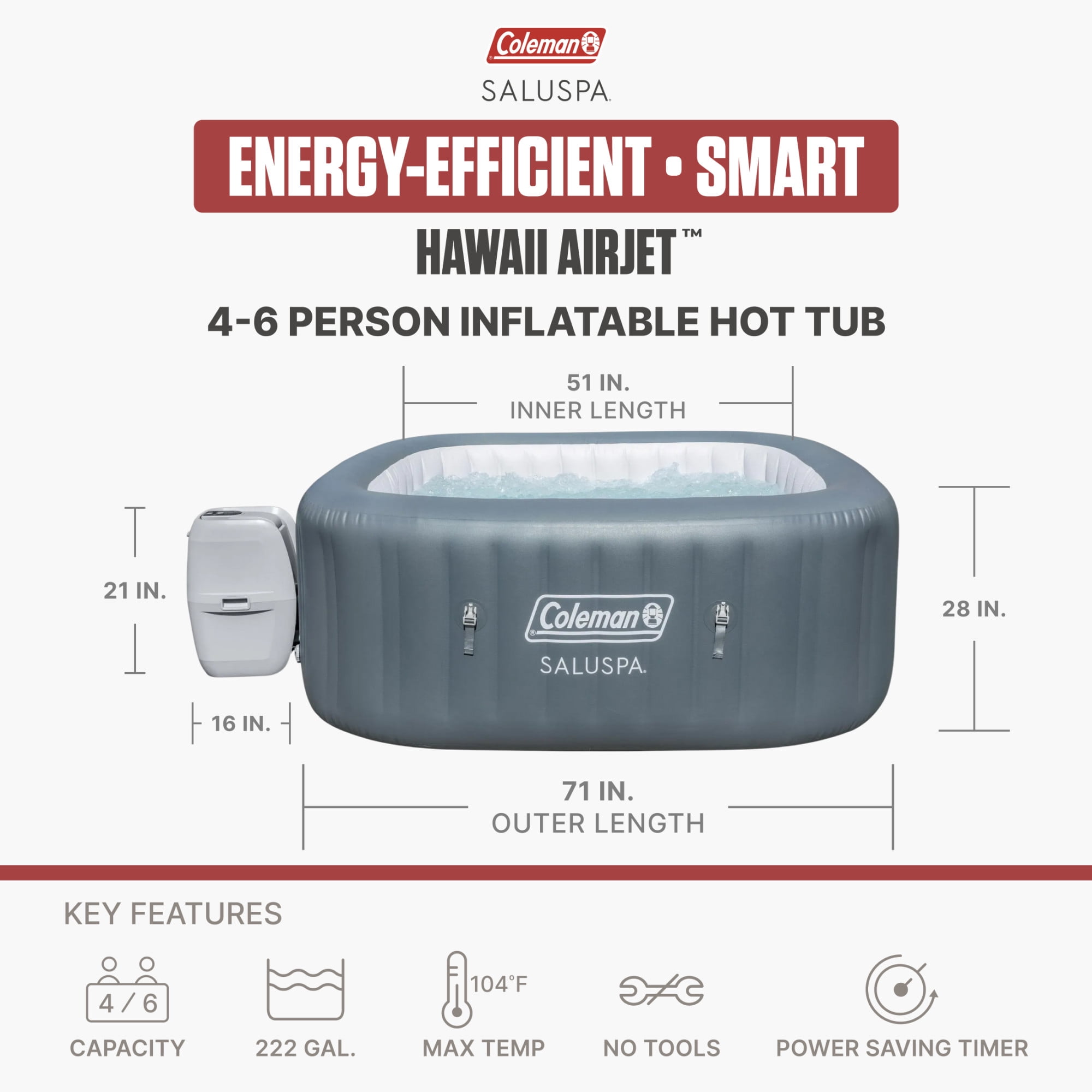 Coleman Hawaii 4-6 Person AirJet Inflatable Hot Tub with EnergySense Cover, Grey, 71"x28"