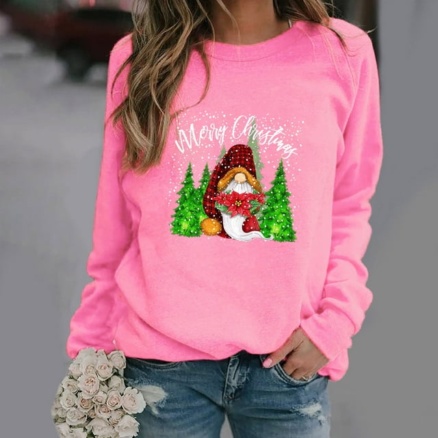 EGNMCR Chandail en Molleton de Noël Mode Femme Ample Imprimé de Noël Col Rond