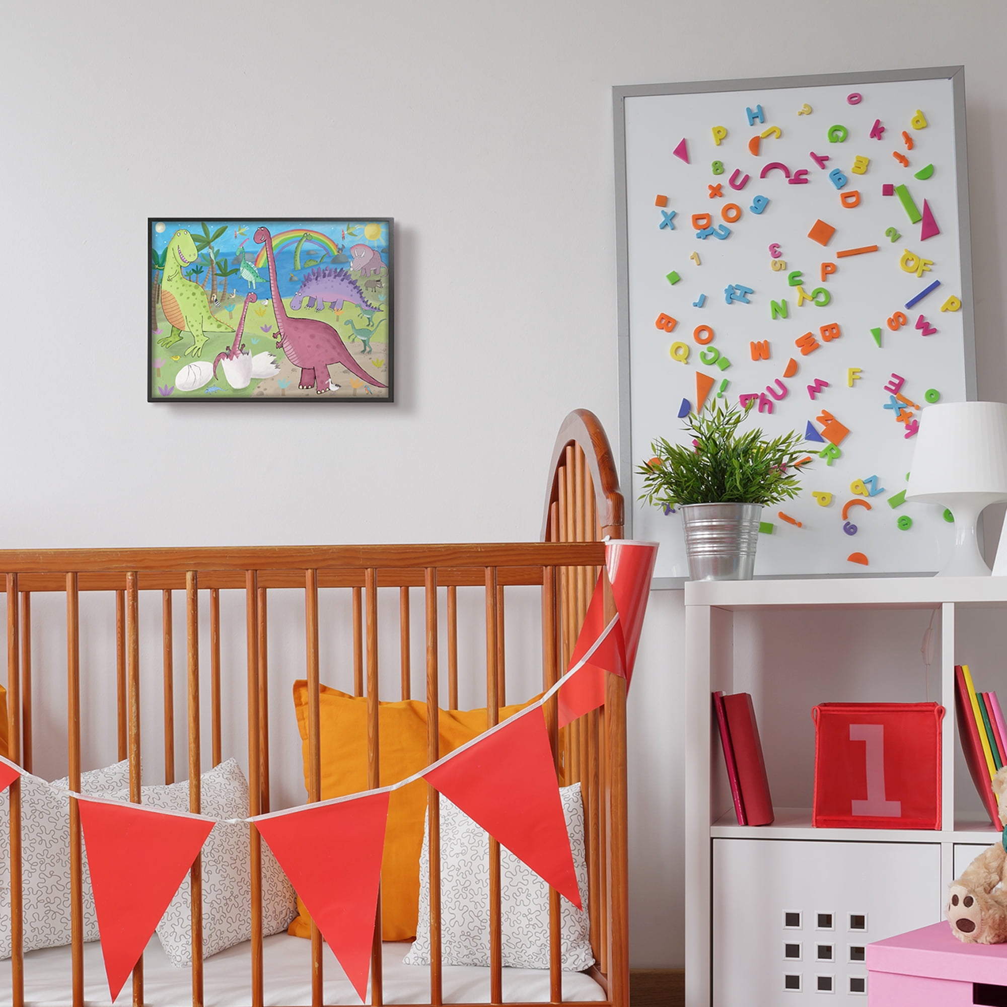 Happy Dinosaurs Playing by Rainbow Illustration 14 in x 11 in Framed Painting Art Print, by Stupell Home Décor