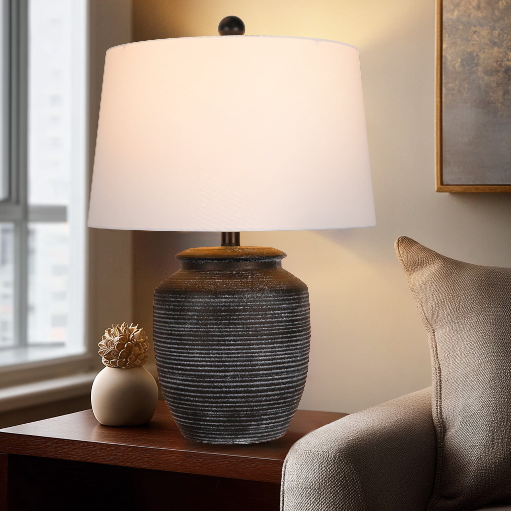 28in Rustic Ceramic Pot Table Lamp for Bedroom Living Room Dining Home Office Entryway, Black