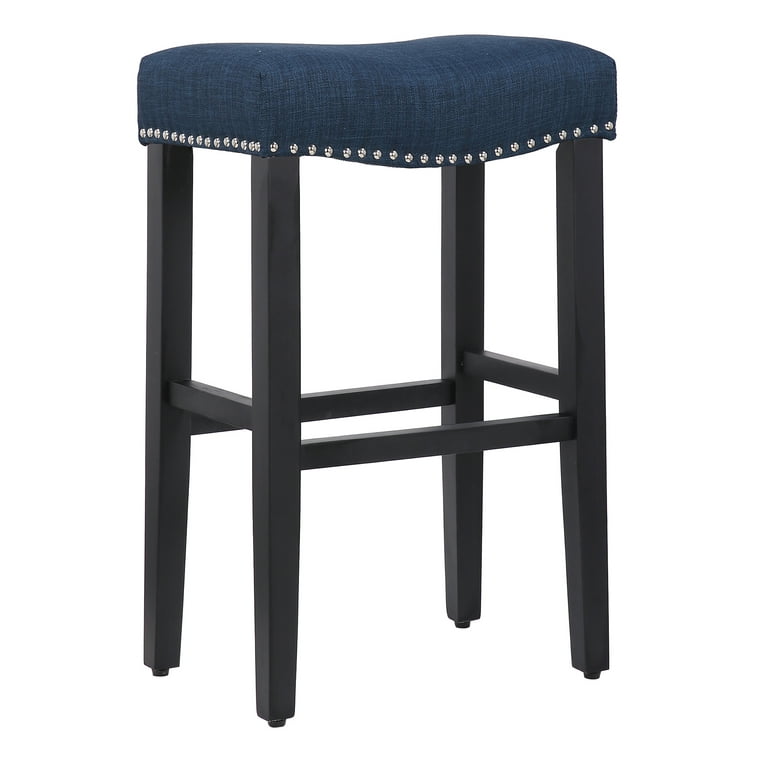 WestinTrends Black Bar Stools, 29 Inch Tall Farmhouse Kitchen Wooden Saddle  Stool Chair, Linen Upholstered Cushion with Solid Wood Leg Barstools, Navy 