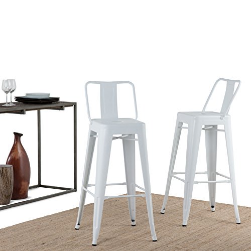 SIMPLIHOME Rayne 30 inch Bar Stool, White Metal, Square, Set of 2, for the Kitchen and Dining Room, Industrial