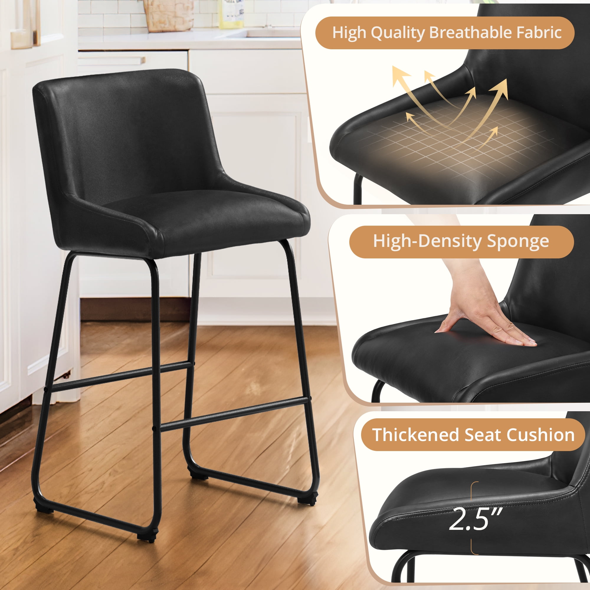 Dycanpo 26" Counter Height Bar Stools Set of 3, Faux Leather 2.5" Cushion, Black