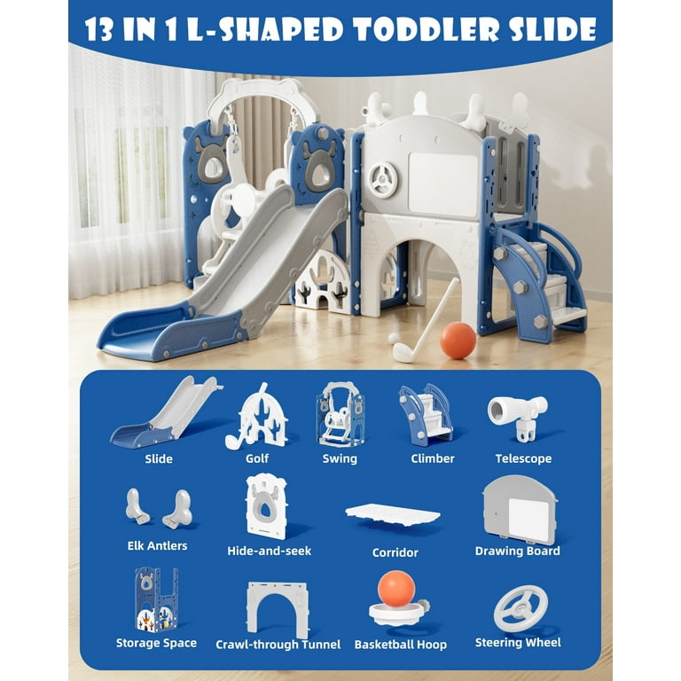 KORIMEFA 13-in-1 Toddler Playground Playset with Slide Swing Hoop