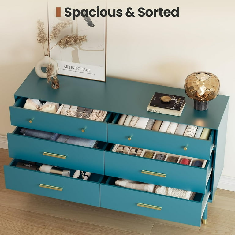 Teal Blue 6 Drawer Dresser Modern Storage Chest with Gold Handles, 54" W Mid-Century Dresser for Bedroom, Living Room, or Clothes Storage Teal Blue 6 Drawer Dresser Modern Storage Chest with Gold Handles, 54" W Mid-Century Dresser for Bedroom, Living Room, or Clothes Storage