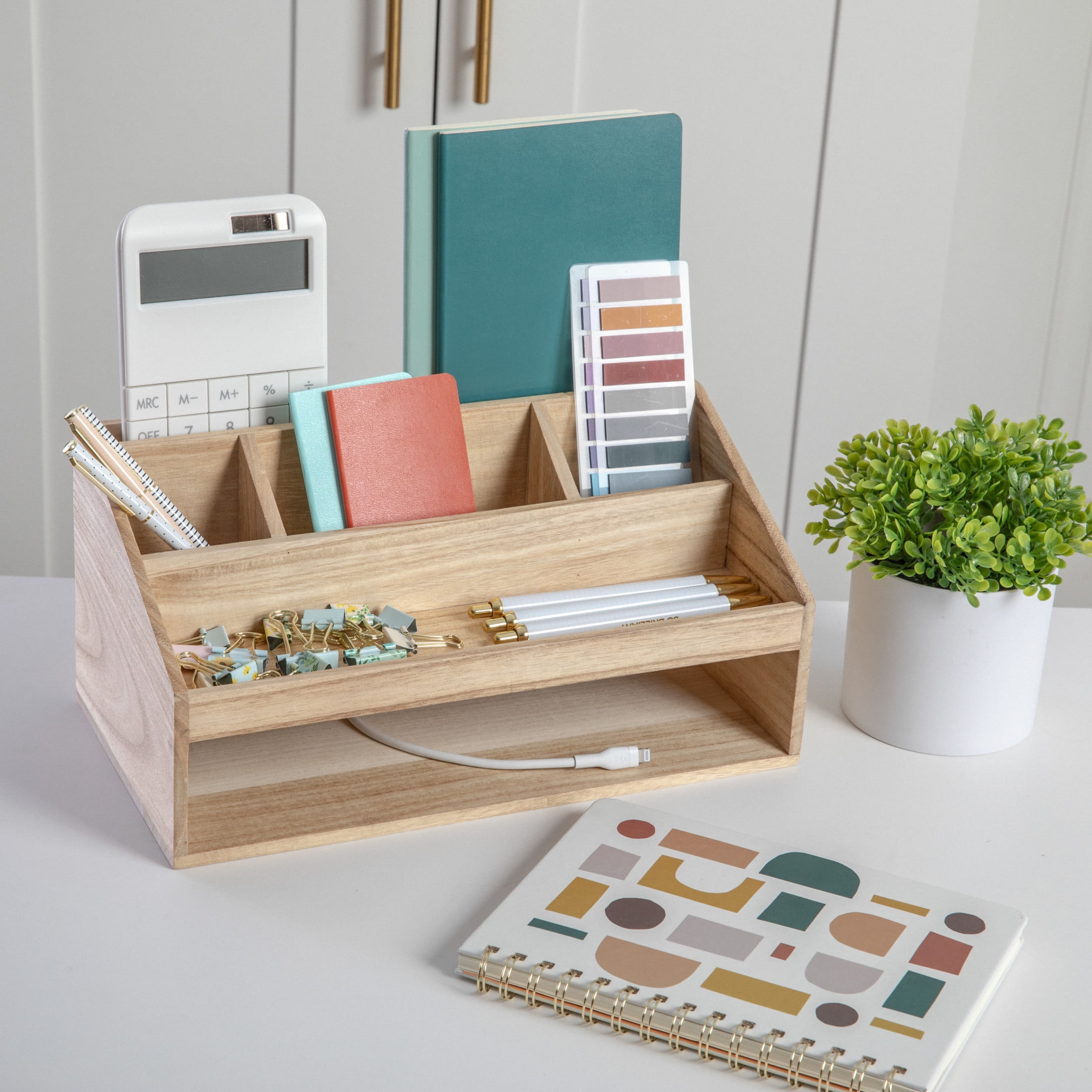 Martha Stewart Weston Wooden Desktop Organizer with Open Lower Storage Compartment, Paulownia Wood Multipurpose Storage Caddy, Light Natural