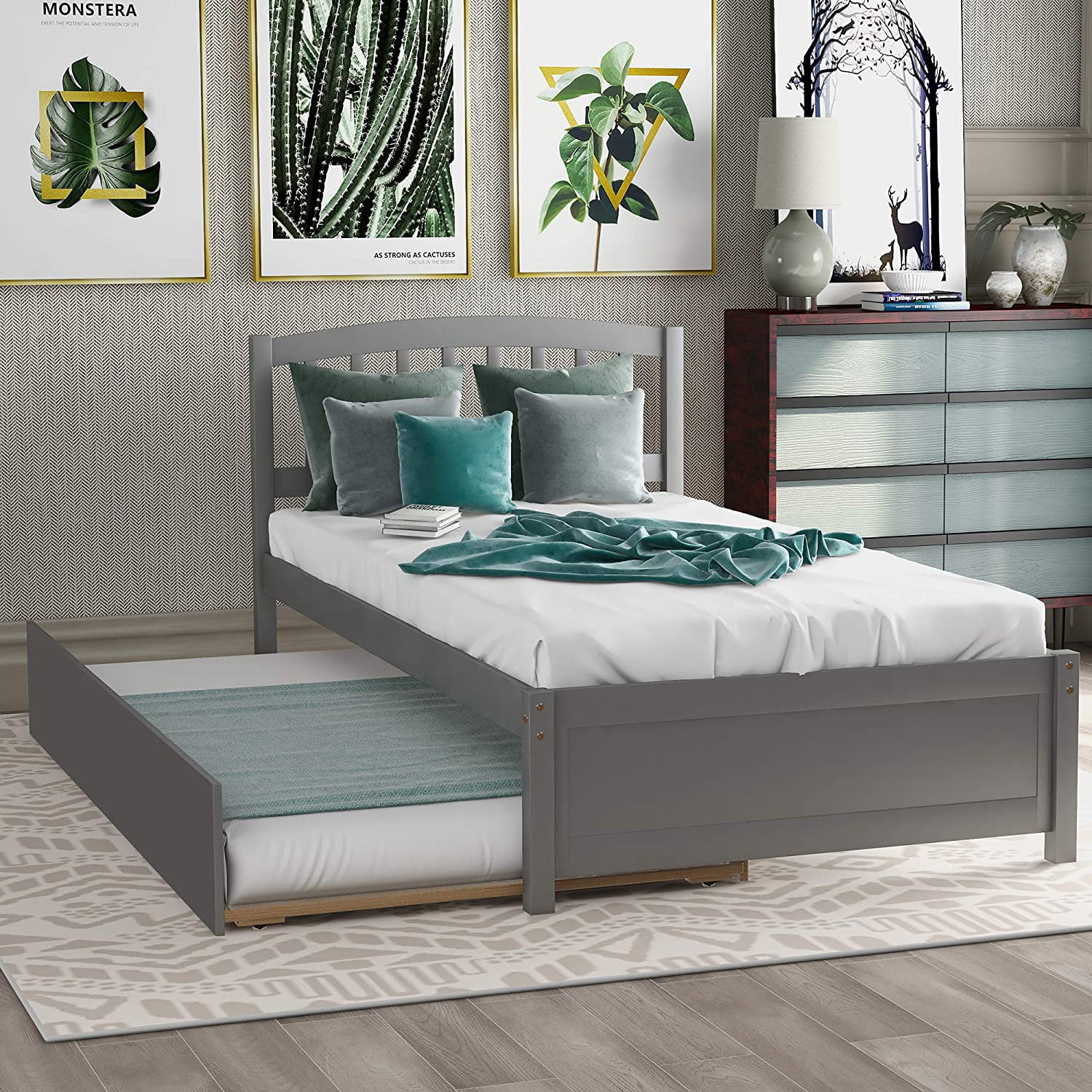 Grey Details about   Solid Wood Twin Trundle Bed 