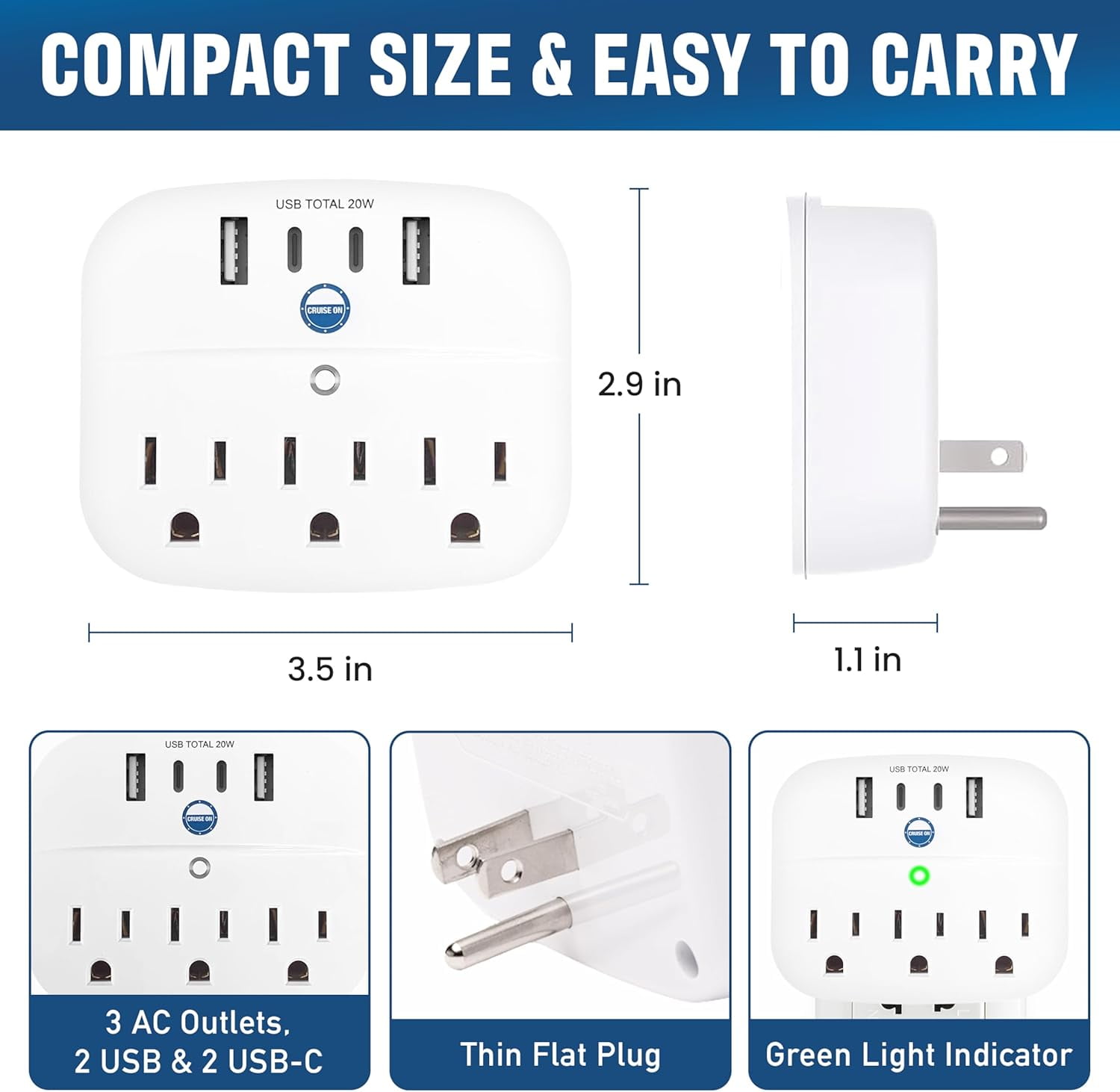 RGHJAR-Cruise Approved Non Surge Power Strip [2 USBC, 2 USB, 3 AC] - Cruise Essentials for Carnival, Celebrity, Princess, Norwegian, MSC & Major Cruise Lines