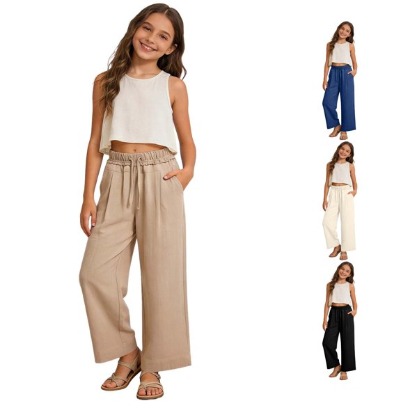 Weebloom Teen Girls Wide Leg Pants Uniform Dress Pants Cotton Linen Classic Solid Color Casual Pants Boys Elastic Waist Trousers Kids Beach Pants With Pockets Khaki 10-11 Years