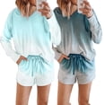 thumbnail image 5 of YESTUNE Women Pajamas Set Long Sleeve Hooded Tops Drawstring Shorts Gradient Loungewear, 5 of 19