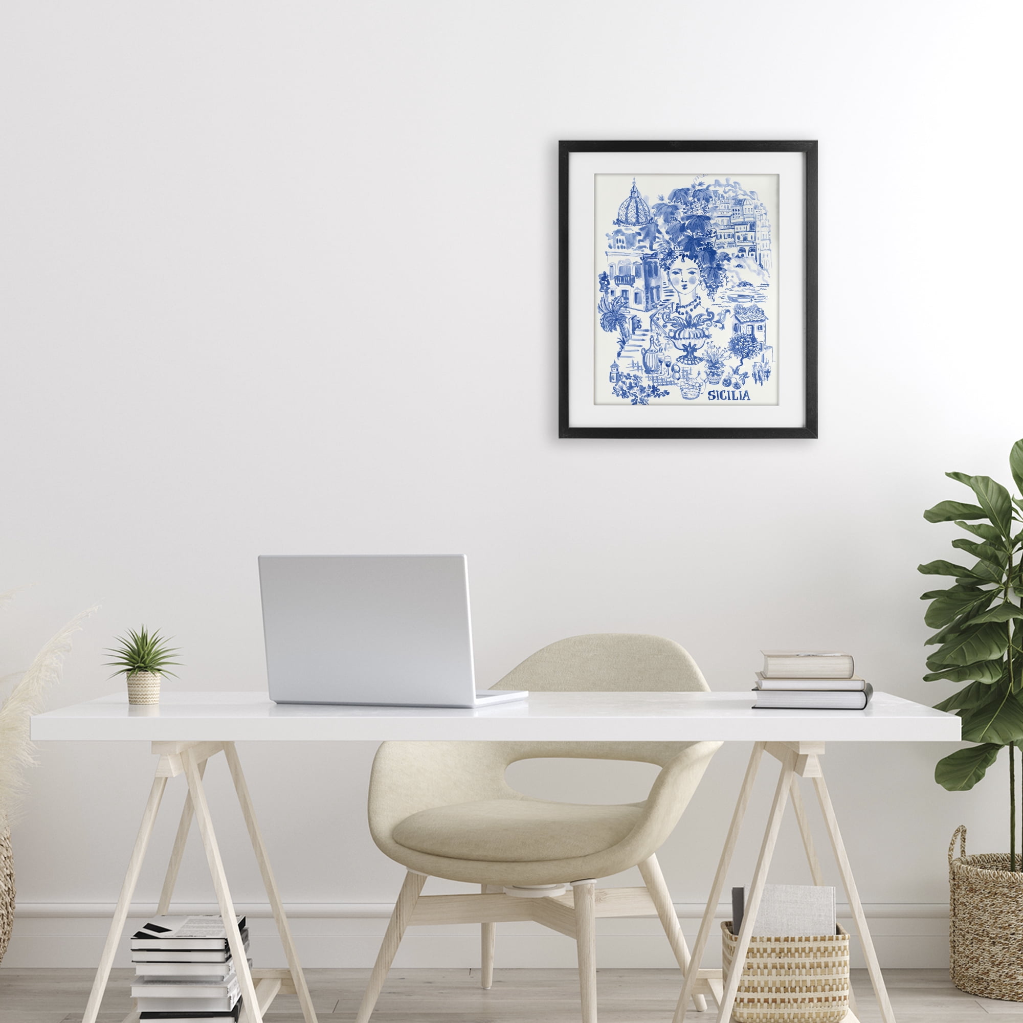 Stupell Industries Sicilia City In Blue Black Framed Print Under Glass, design by Karolina Sato