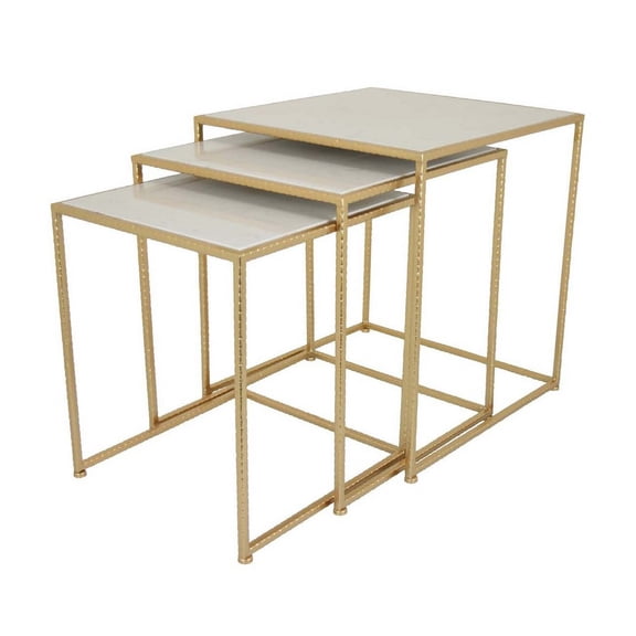 Benjara Neci Plant Stand Table Set of 3-Nesting Open Metal Gold Frame-White Top