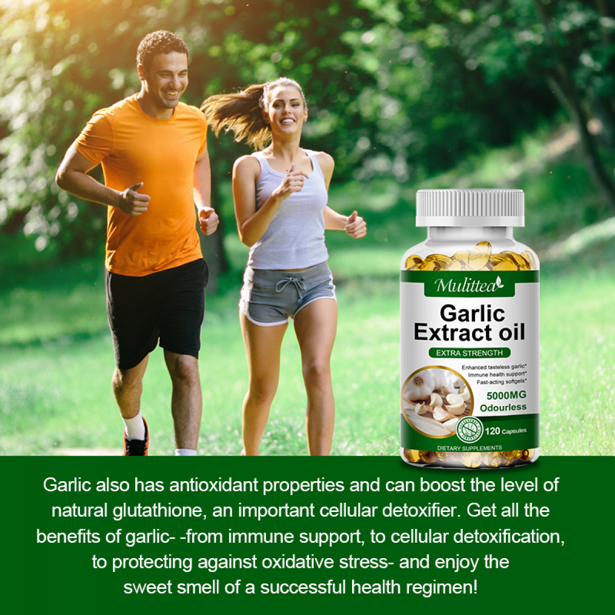 Mulittea Organic Garlic Capsules 5000mg for Healthy Cardiovascular and Cardiac Vitality, Support immune health, 120 Capsules