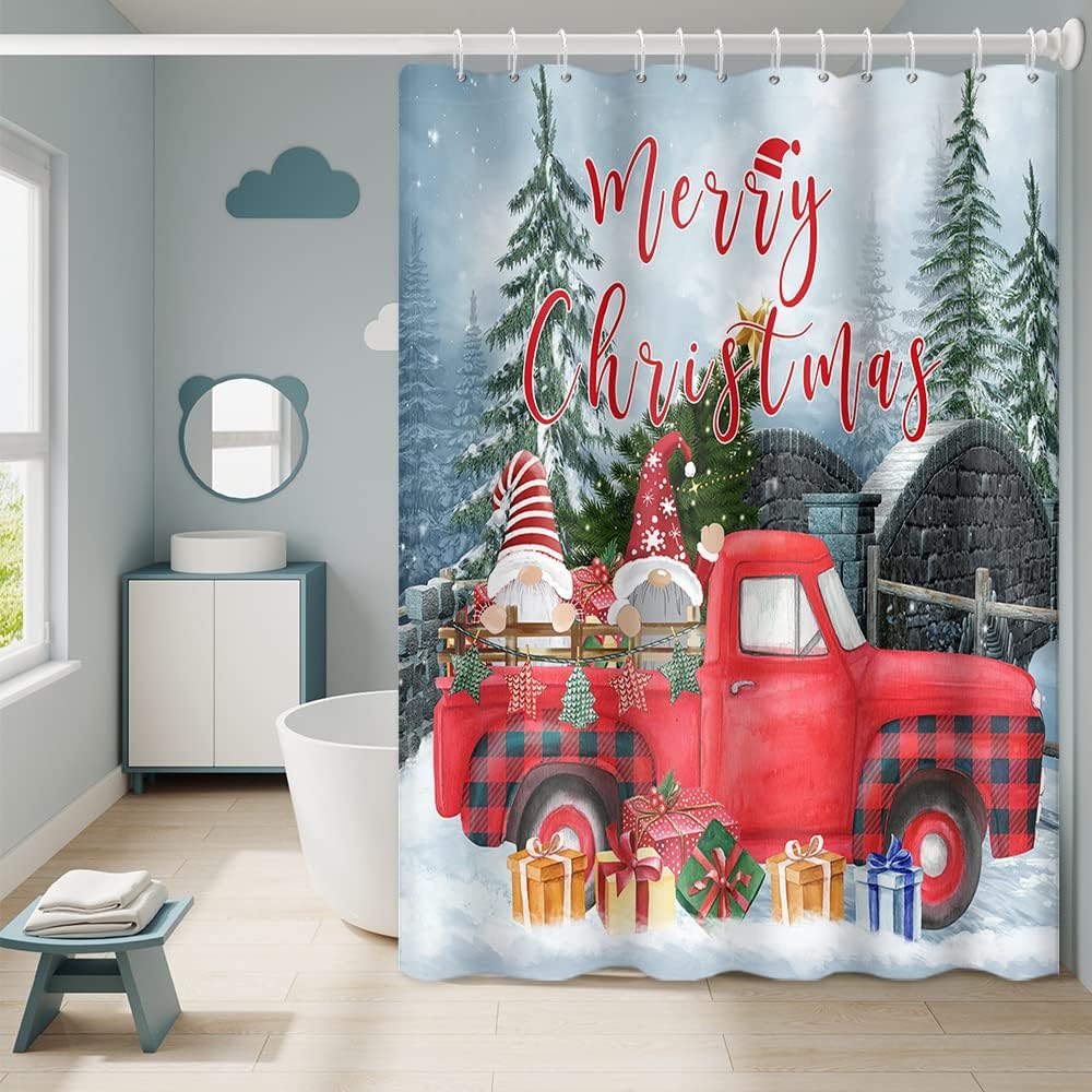 Sonernt Merry Christmas Shower Curtain for Bathroom Red Truck Gnome