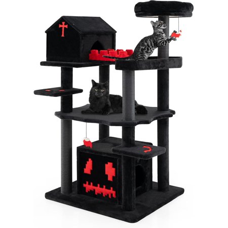 49 inch Gothic Cat Tree, Multi-Level Halloween Cat Tree Tower with Coffin Bed, Scratching Posts, 2 Cat Condos, Cozy Top Perch, Bat-Shaped Teasing Balls, Goth Cat Tree for Indoor Cats, Black