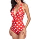 thumbnail image 3 of Traje de baño de una pieza con cuello halter y espalda descubierta, triángulo en V profundo, lunares, traje de baño para mujer para salida a la playa, Rojo M, 3 of 5