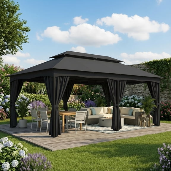 COBIZI 12x20 Heavy Duty Canopy Gazebo Outdoor Gazebo with 6 Curtains 100% Waterproof Party Wedding Tents with Double Roof and Metal Steel Frame for Backyard, Patio, Lawn, Garden, Black
