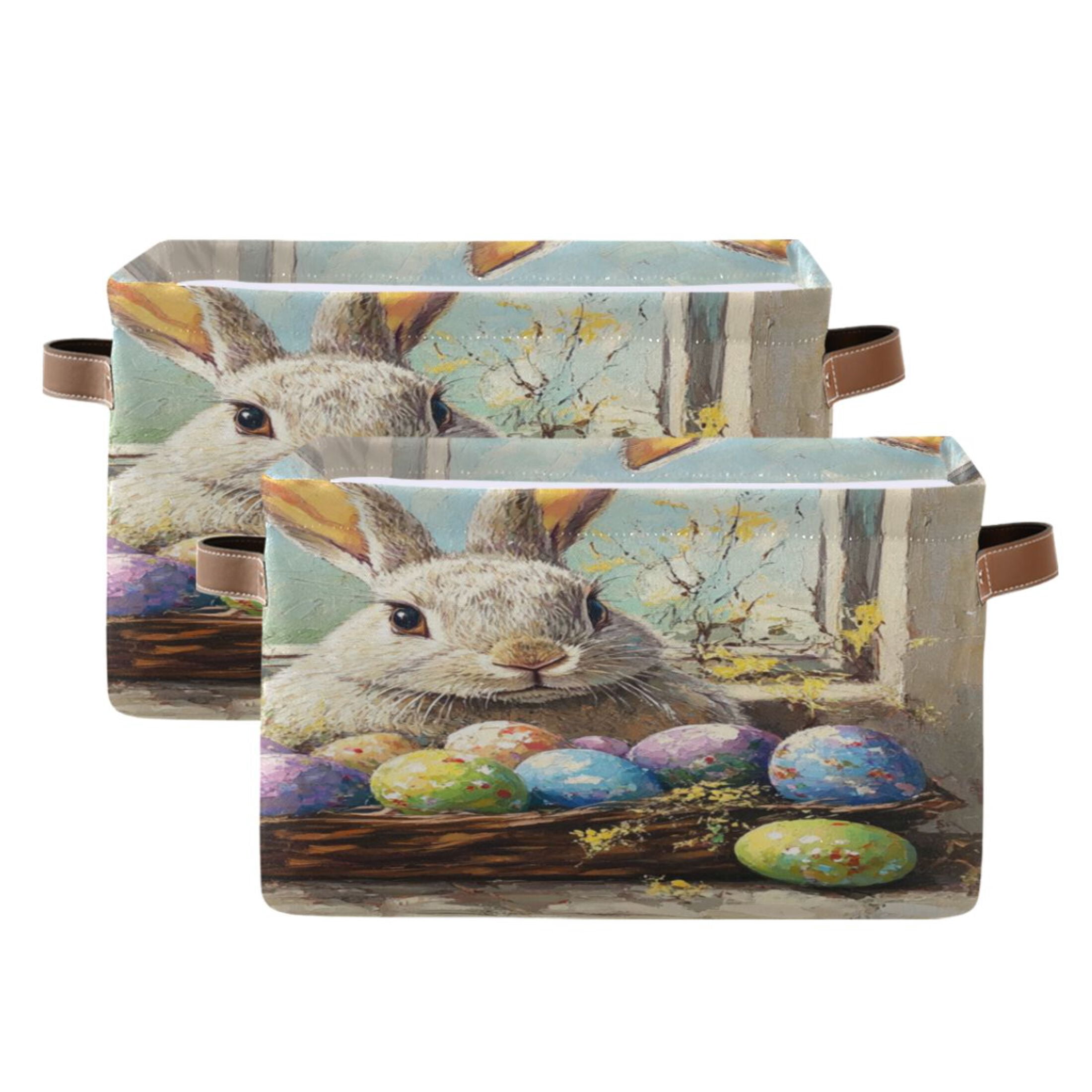 Square Storage Basket 14.2*10.2*8.3 Inch One Sizex2 Shelf Basket Open Home Storage Bins Bedroom Storage Basket Closet Storage Stylish Decor Cute Easter Bunny and Eggs