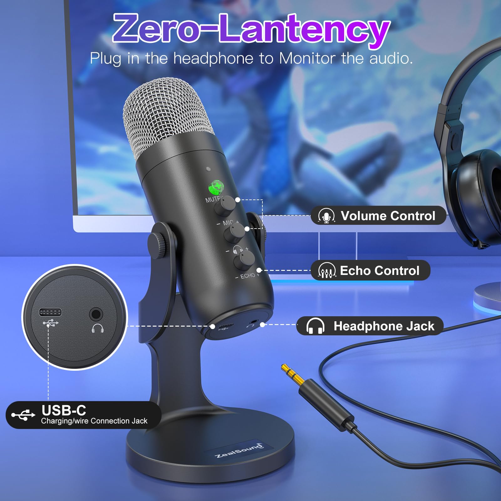 ZealSound Wireless Microphone,USB Mic for iPhone PC iPad Android Phone-Cordless Microphones with Mute Echo Monitor Volume Gain & Bluetooth BGM,2.4GHz for Podcast,ASMR,Gaming,YouTube Video/K66 Black