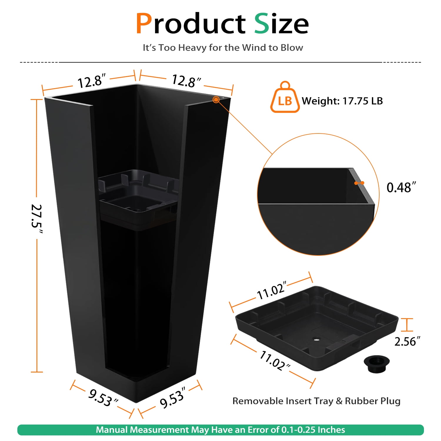 Vucunty Tall Planter Outdoor Indoor, Large Resin Plant Pots for Trees Flowers (Black, 28 inch - 2 Pack)